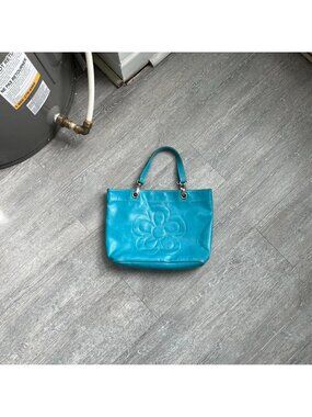 Blue / Silver Toned Faux Leather Flower Hand Bag / Clutch Bag / Purse